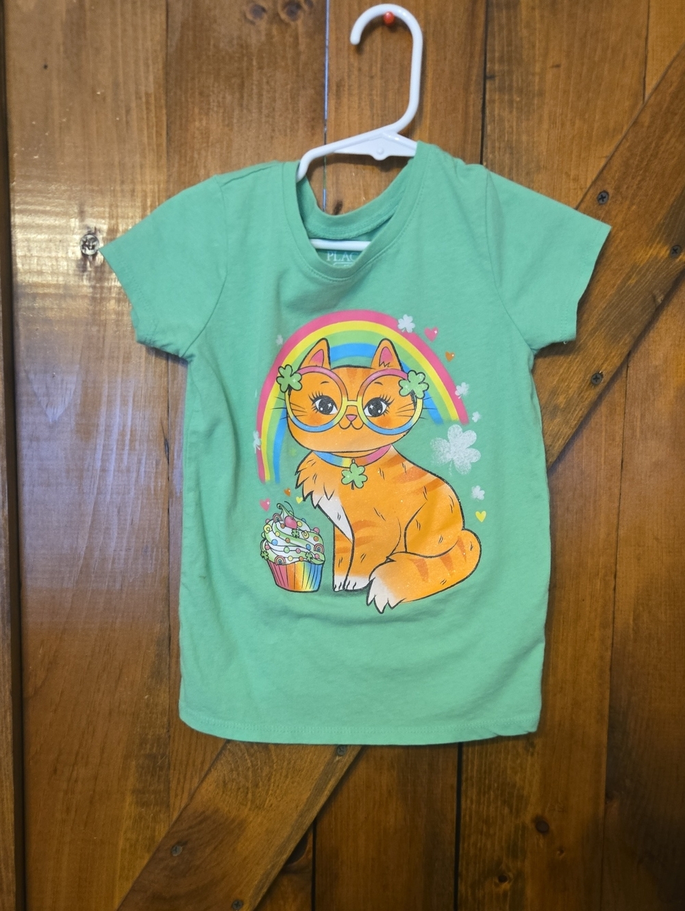 The Children's Place Mint Green Tee with Orange Cat and Rainbow